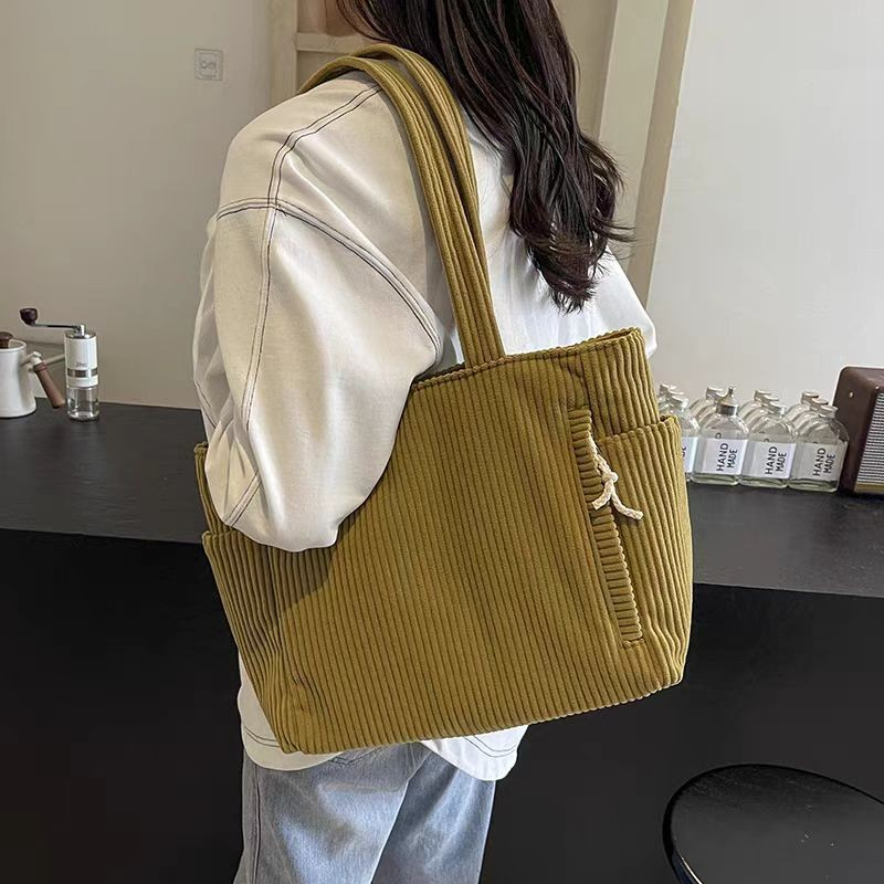 Corduroy Canvas Bag New Large-capacity Shoulder Bag Students Hand school bag Women Shopping Leisure Tote Bag - Ginger Yellow - Image 1