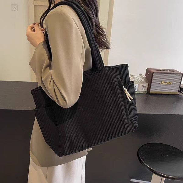 Corduroy Canvas Bag New Large-capacity Shoulder Bag Students Hand school bag Women Shopping Leisure Tote Bag - Black