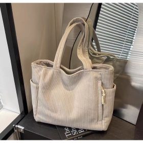 Corduroy Canvas Bag New Large-capacity Shoulder Bag Students Hand school bag Women Shopping Leisure Tote Bag - Off White - Image 1