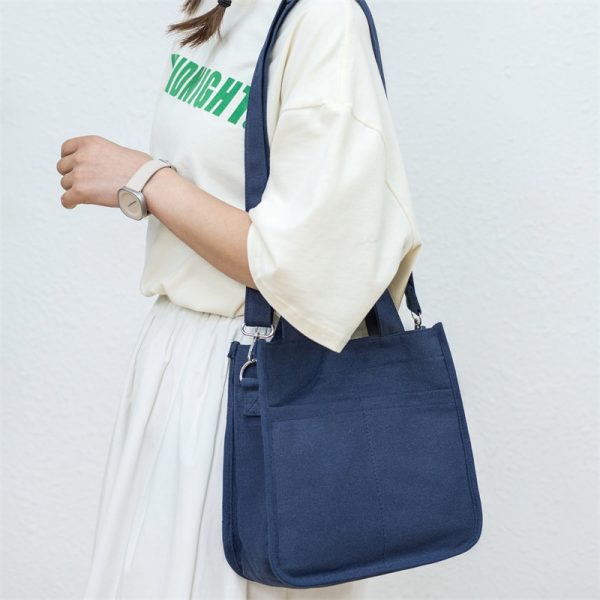 Large-capacity canvas bag with trendy ins-style design practical for commuting mommy bag with multiple compartments - blue