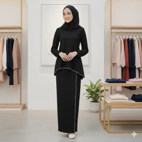 Baju Kurung Moden Sulam Lipt Kain Ironless - Black