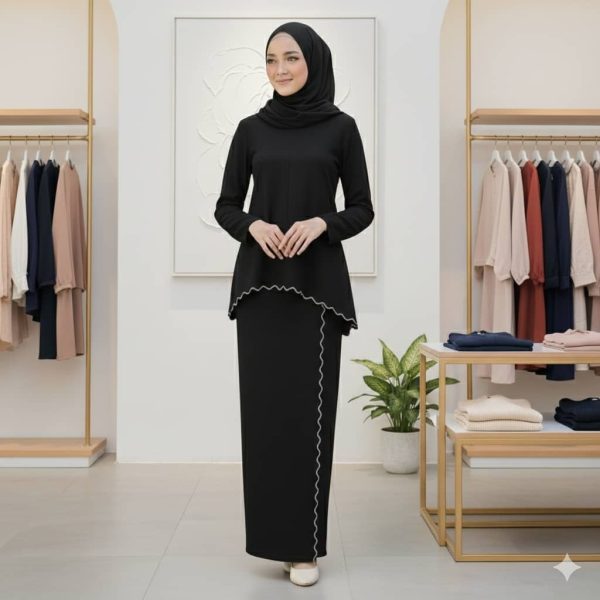 Baju Kurung Moden Sulam Lipt Kain Ironless - Black