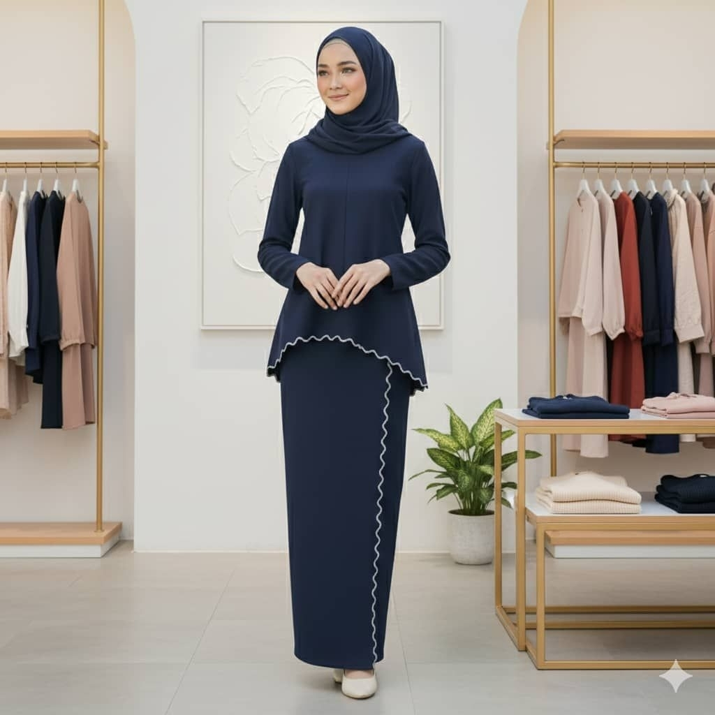Baju Kurung Moden Sulam Lipt Kain Ironless - Navy Blue - Image 1