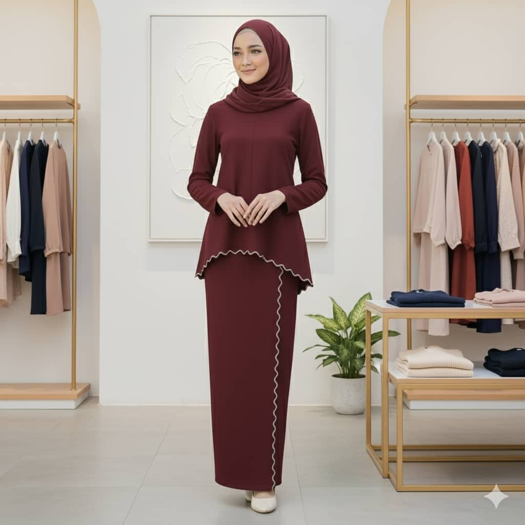 Baju Kurung Moden Sulam Lipt Kain Ironless - Maroon - Image 1