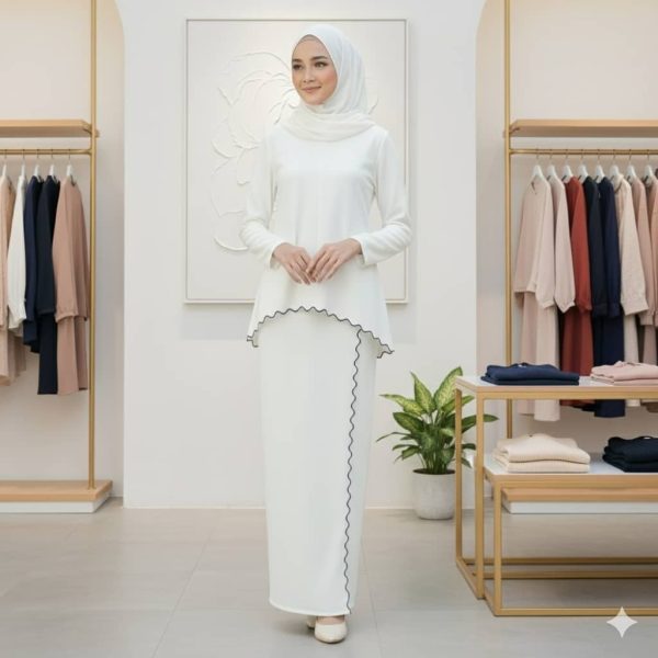 Baju Kurung Moden Sulam Lipt Kain Ironless - White