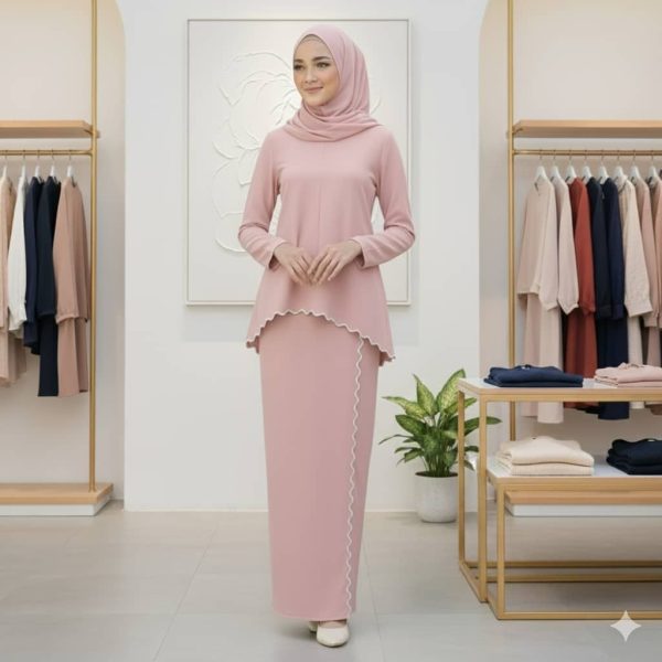 Baju Kurung Moden Sulam Lipt Kain Ironless - Pink