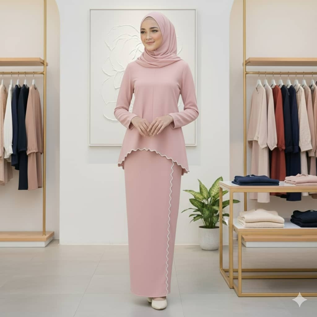 Baju Kurung Moden Sulam Lipt Kain Ironless - Pink - Image 1