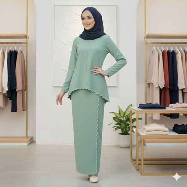 Baju Kurung Moden Sulam Lipt Kain Ironless - Mint Green