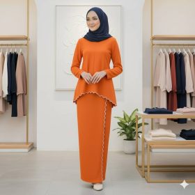 Baju Kurung Moden Sulam Lipt Kain Ironless - Orange