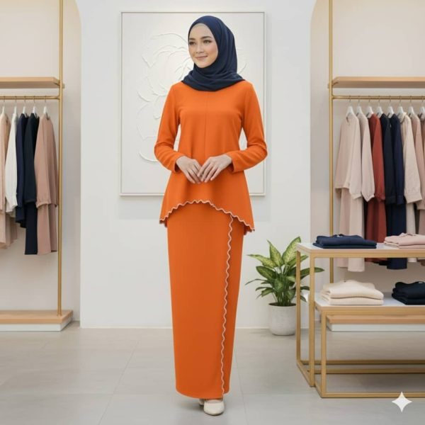 Baju Kurung Moden Sulam Lipt Kain Ironless - Orange