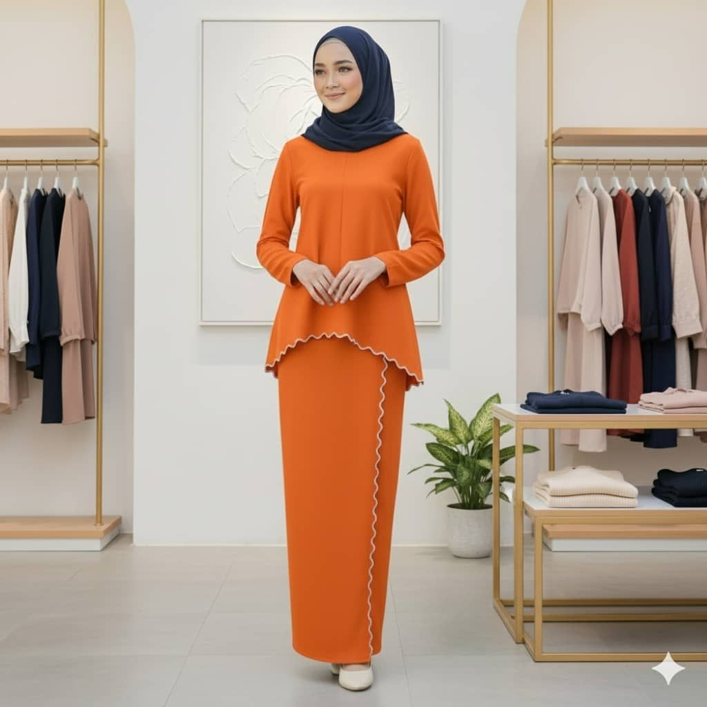 Baju Kurung Moden Sulam Lipt Kain Ironless - Orange - Image 1