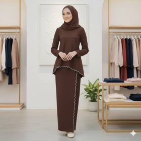 Baju Kurung Moden Sulam Lipt Kain Ironless - Brown