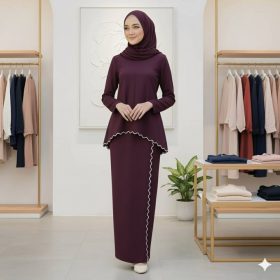 Baju Kurung Moden Sulam Lipt Kain Ironless - Purple