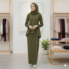 Baju Kurung Moden Sulam Lipt Kain Ironless - Olive Green