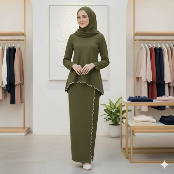 Baju Kurung Moden Sulam Lipt Kain Ironless - Olive Green