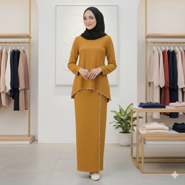 Baju Kurung Moden Sulam Lipt Kain Ironless - Mustard
