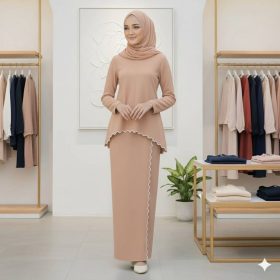 Baju Kurung Moden Sulam Lipt Kain Ironless - Nude