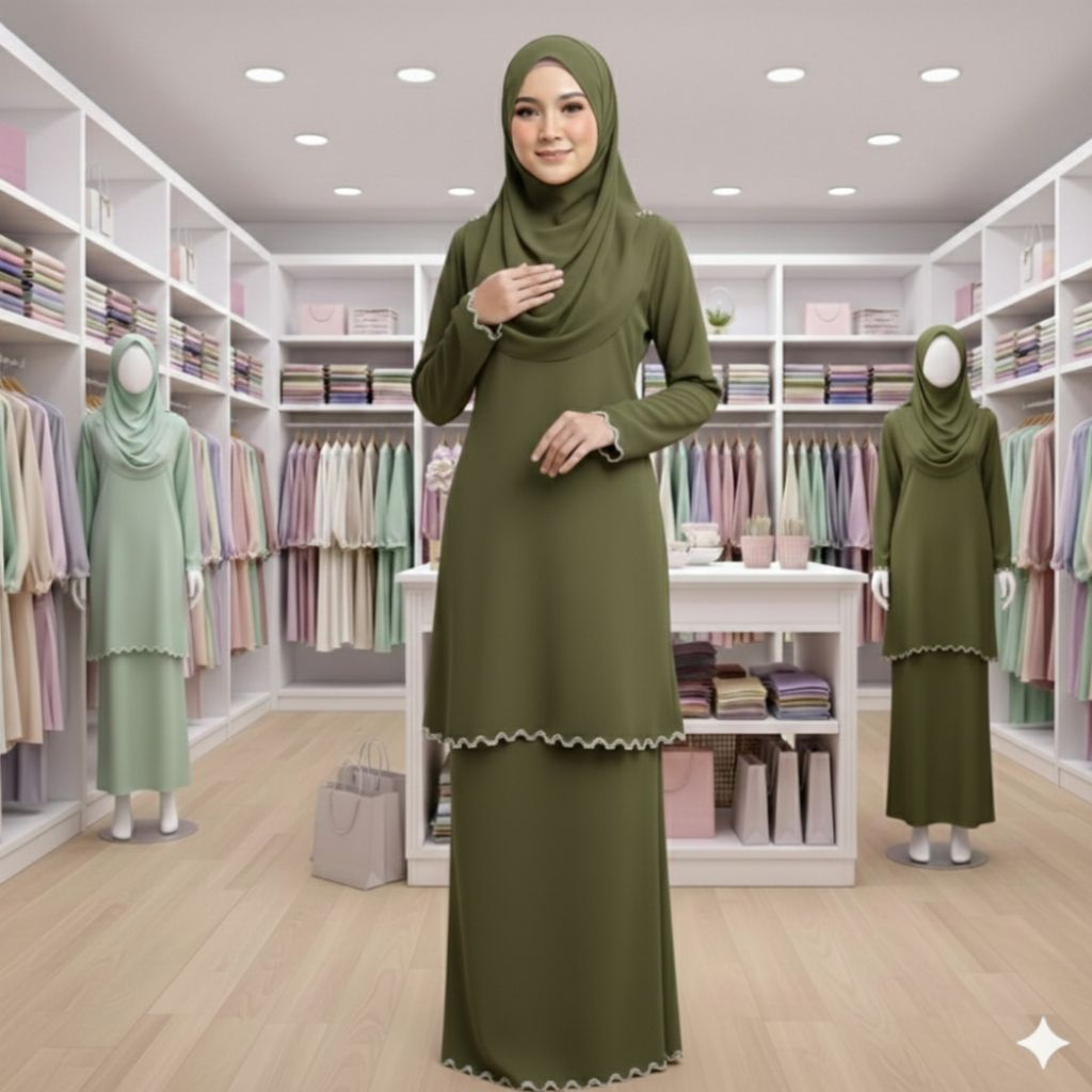 Sulam Baju Kurung Raya Collection Cey Ironless - Olive Green - Image 1