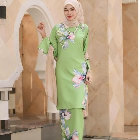 2026 Baju Kurung Set Wanita printing baju raya Kurung Riau Anggun - Matcha Green