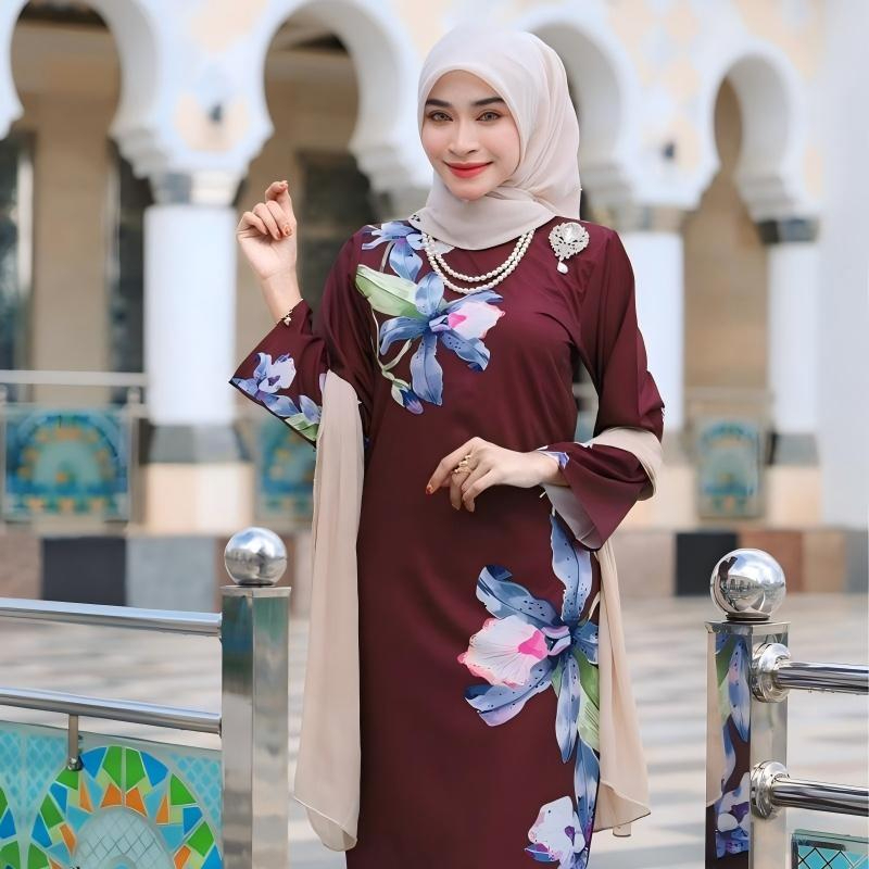 2026 Baju Kurung Set Wanita printing baju raya Kurung Riau Anggun - Burgundy Red - Image 1