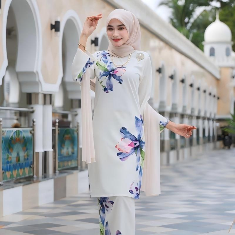 2026 Baju Kurung Set Wanita printing baju raya Kurung Riau Anggun - White - Image 1