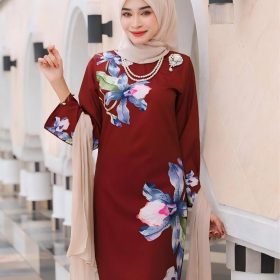 2026 Baju Kurung Set Wanita printing baju raya Kurung Riau Anggun - Maroon