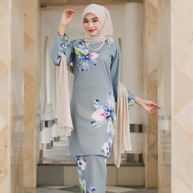 2026 Baju Kurung Set Wanita printing baju raya Kurung Riau Anggun - Silver Grey - Image 1