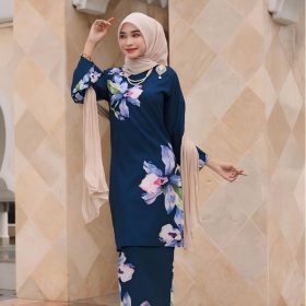 2026 Baju Kurung Set Wanita printing baju raya Kurung Riau Anggun - Teal Blue