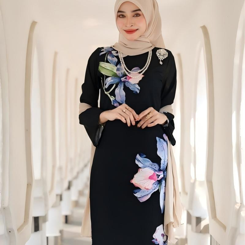 2026 Baju Kurung Set Wanita printing baju raya Kurung Riau Anggun - Black - Image 1