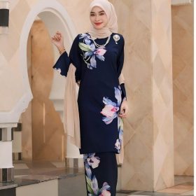 2026 Baju Kurung Set Wanita printing baju raya Kurung Riau Anggun - Navy Blue