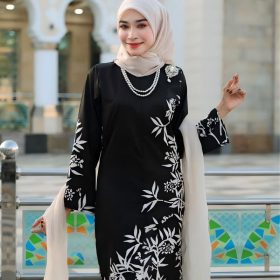 2026 Baju Kurung Set Wanita printing baju raya Kurung Riau Anggun - Black