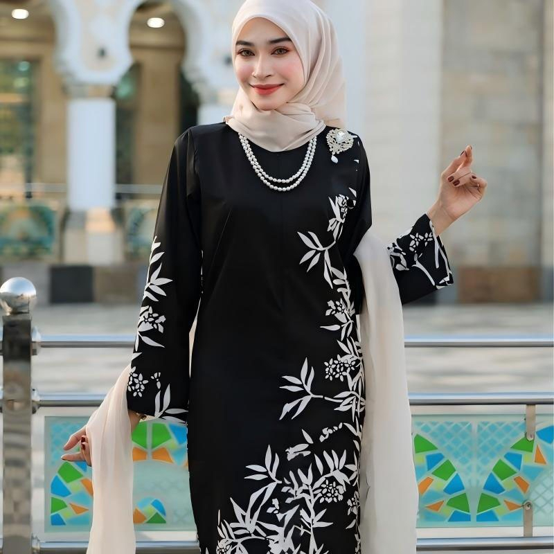 2026 Baju Kurung Set Wanita printing baju raya Kurung Riau Anggun - Black - Image 1