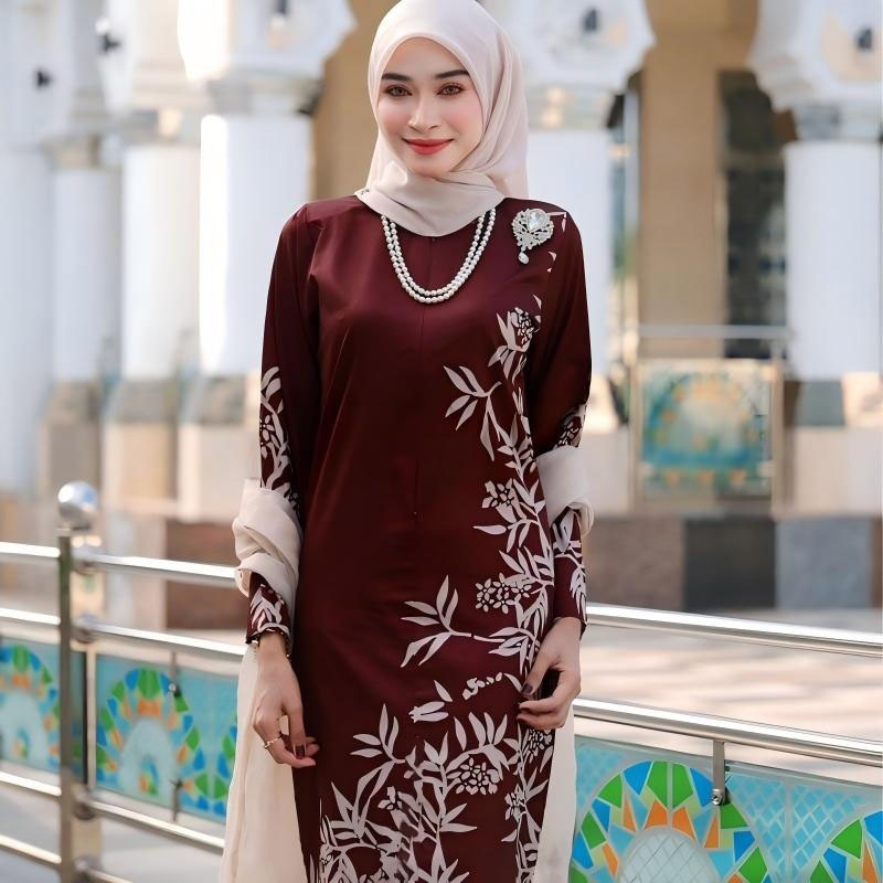 2026 Baju Kurung Set Wanita printing baju raya Kurung Riau Anggun - Maroon - Image 1