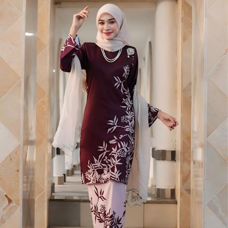 2026 Baju Kurung Set Wanita printing baju raya Kurung Riau Anggun - Plum Red - Image 1