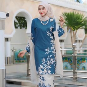 2026 Baju Kurung Set Wanita printing baju raya Kurung Riau Anggun - Busty Blue
