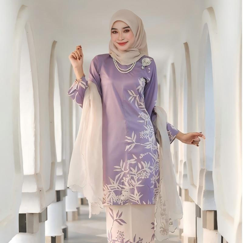 2026 Baju Kurung Set Wanita printing baju raya Kurung Riau Anggun - Lilac - Image 1