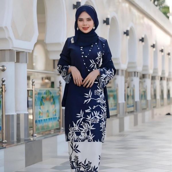2026 Baju Kurung Set Wanita printing baju raya Kurung Riau Anggun - Navy Blue