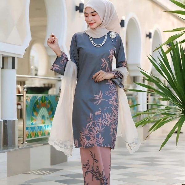 2026 Baju Kurung Set Wanita printing baju raya Kurung Riau Anggun - Soft Grey