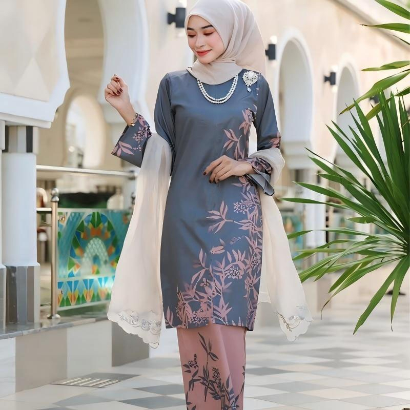 2026 Baju Kurung Set Wanita printing baju raya Kurung Riau Anggun - Soft Grey - Image 1