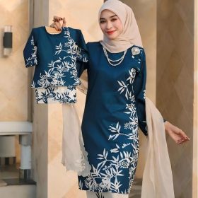 2026 Baju Kurung Set Wanita printing baju raya Kurung Riau Anggun - Teal Blue