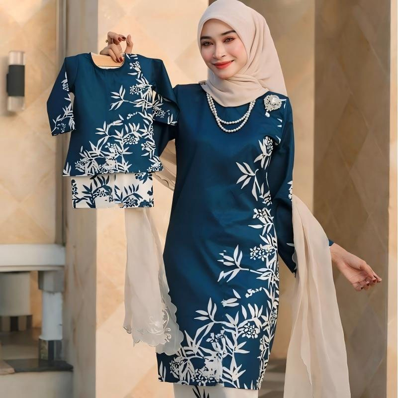 2026 Baju Kurung Set Wanita printing baju raya Kurung Riau Anggun - Teal Blue - Image 1
