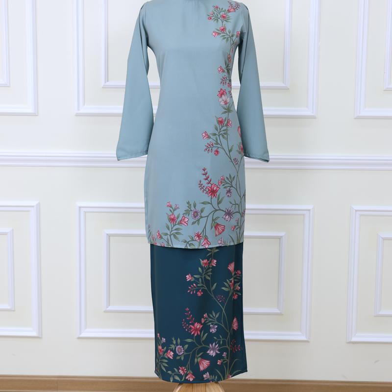 Baju Kurung Set Wanita printing baju raya 2026 Kurung Riau - Mint Blue - Image 1