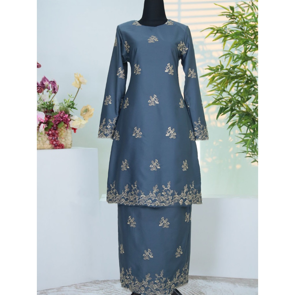 Baju Kurung Set Wanita printing baju raya 2026 Kurung Riau - Ash Blue - Image 1