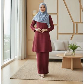 Baju Kurung Riau Pesak Cotton Linen - Burgundy Maroon