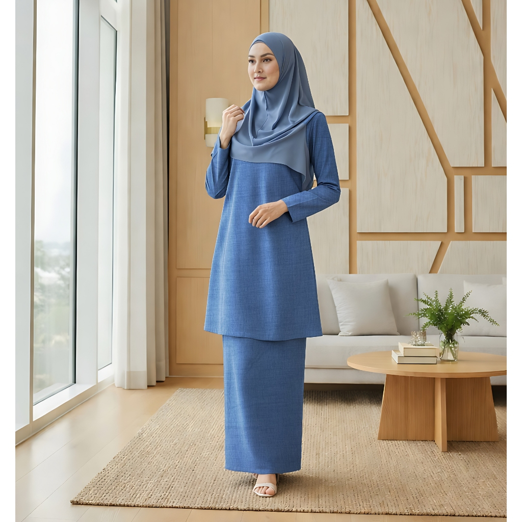 Baju Kurung Riau Pesak Cotton Linen - Denam Blue - Image 1