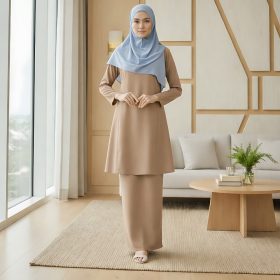 Baju Kurung Riau Pesak Cotton Linen - Nude Brown