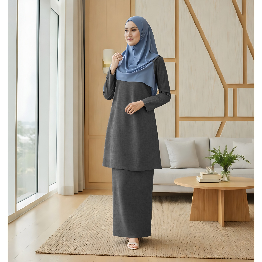 Baju Kurung Riau Pesak Cotton Linen - Dark Gray - Image 1