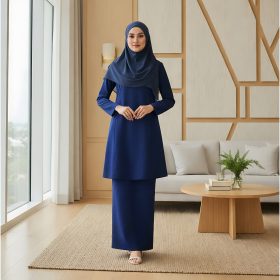 Baju Kurung Riau Pesak Cotton Linen - Navy Blue