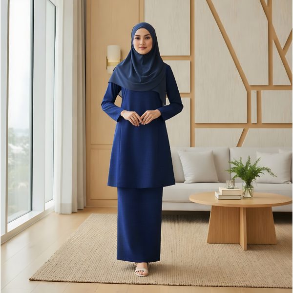 Baju Kurung Riau Pesak Cotton Linen - Navy Blue