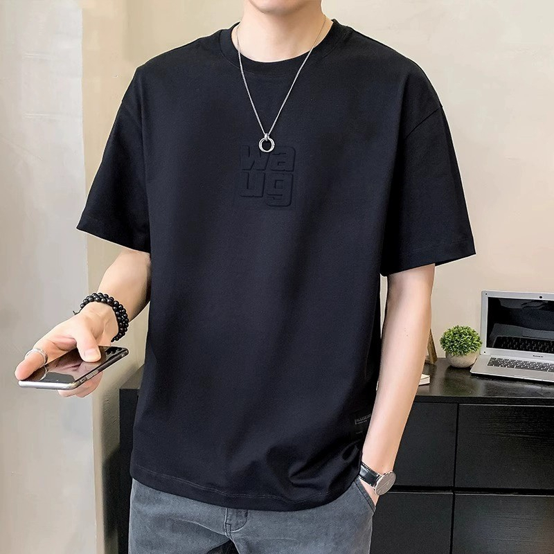 Plain Men Short Sleeve Fashion Round Neck Korean Style Loose Breathable Oversize T-Shirt - Black - Image 1
